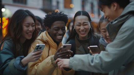 A group of friends laughing while browsing social media on their smartphones,  candid composition
