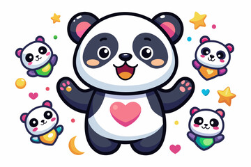 Panda stickers for kids on white background, vector illustration