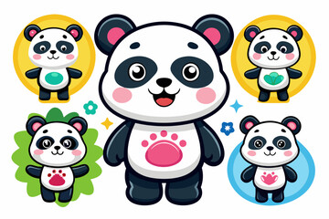 Panda stickers for kids on white background, vector illustration