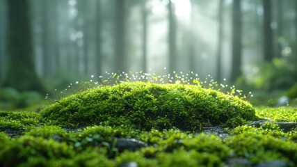Green moss in the forest with misty background. Soft focus.