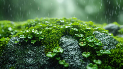 Green moss on rock with rain drops in the garden. Nature background - obrazy, fototapety, plakaty