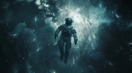 An astronaut floating in the vastness of space,  centered composition - obrazy, fototapety, plakaty