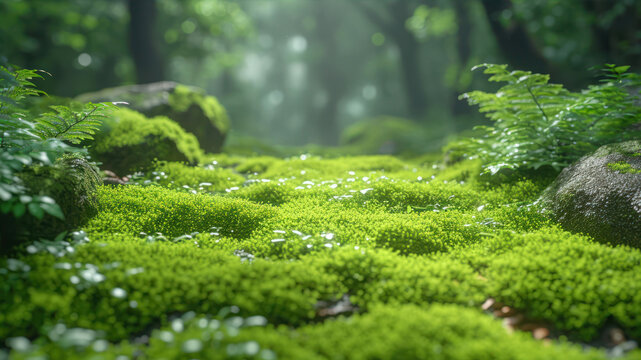 Beautiful green moss in the forest. Nature background. Selective focus.