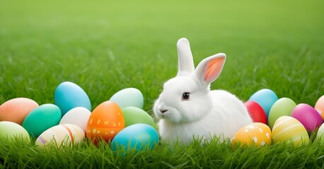 Fluffy white bunny sitting in a field of green grass with colorful Easter eggs scattered around