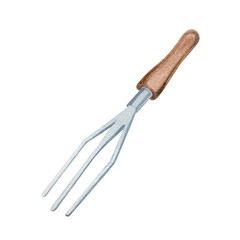 Watercolor illustration of a garden tool pitchfork. Gardening rake,ripper isolated on white background. Simple rake clipart. Garden tools watercolor cartoon drawing. Farmhouse clipart