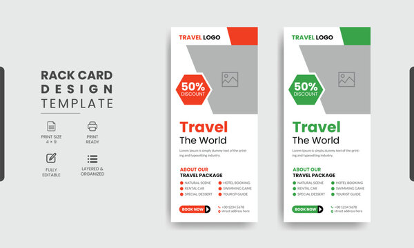 Travel Rack Card or Dl Flyer Template. Double-Sided Tour Poster Leaflet Design Template