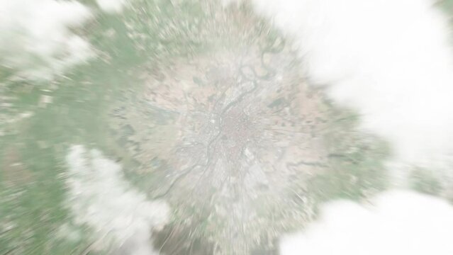 Earth zoom in from space to Valladolid, Spain. Followed by zoom out through clouds and atmosphere into space. Satellite view. Travel intro. Images from NASA