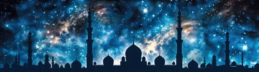 Zelfklevend Fotobehang Ramadan background. Beautiful mosque silhouette background and night sky. Best super ultra wide for wallpaper. © pengedarseni