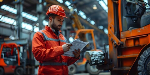 Mechanical engineer inspecting factory forklift with equipment checklist focusing on safety. Concept Mechanical Engineering, Factory Inspection, Forklift Safety, Equipment Checklist