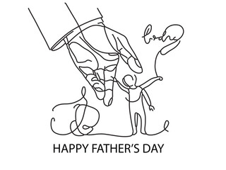 Happy Father's Day vector background,poster, banner, dab carries kid on his shoulders,one  continuous line drawing with lattering father's day.