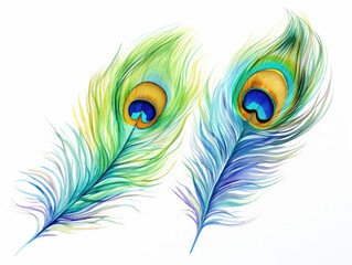 Watercolor Peacock Feather Isolated, Aquarelle Plumage, Creative Watercolor Exotic Feather Texture