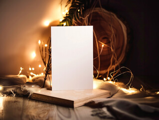 White Greeting Card Mockup on Old Book with Fairy Lights
