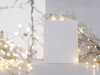 Greeting White Card Mockup with Fairy Lights and Golden Blossoms, Resting on a White Table with White Background