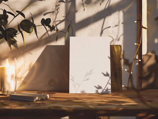 White Blank Card Mockup with Sunlight and Candle Glow