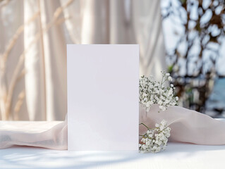 Wedding Elegance Blank Card Mockup Amidst Baby's Breath Flowers and Lace Backdrop