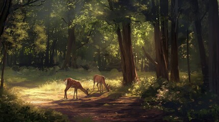 A pair of gentle deer grazing peacefully in a sun-dappled forest clearing, surrounded by towering trees.