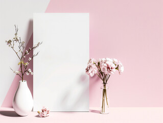 Blank Greeting Card Mockup Against Pink and White Background with Floral Accents