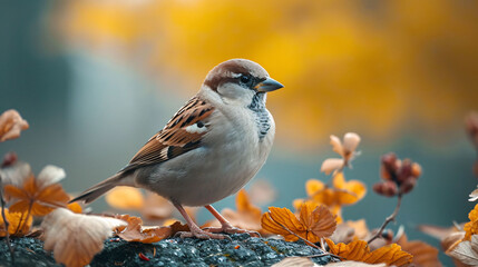 Sparrow close up posing. Sparrow close to the blurred background of nature. - Powered by Adobe