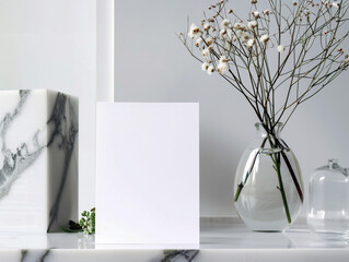 White Blank Card Mockup on Marble Shelf with Flowers and Fairy Lights