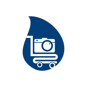 Camera Shop drop shape concept Logo vector icon. Shopping Cart with Camera Lens Logo Design Template.