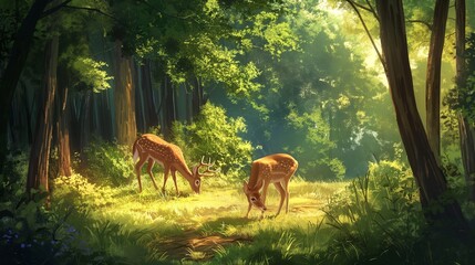 A pair of gentle deer grazing peacefully in a sun-dappled forest clearing, surrounded by towering...
