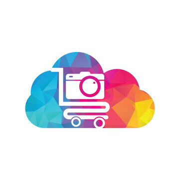 Camera Shop cloud shape concept Logo vector icon. Shopping Cart with Camera Lens Logo Design Template.