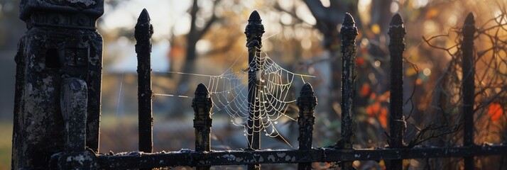 black old metal fence covered in spider webs in a park in autumn.  - Powered by Adobe