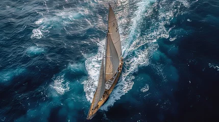 Sierkussen Regatta of sailing ships with white sails on the high seas. Aerial view of a sailboat in a windy state, Summer journey, Generative AI © Анатолий Савицкий
