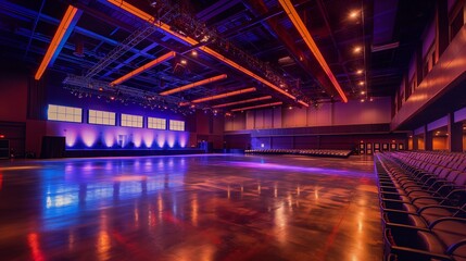 A panoramic view capturing the expansive reach of podium lights, enveloping the entire venue in a luminous embrace.