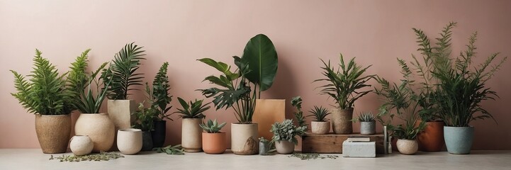 Fototapeta premium Collage of different flowers and plants in retro style and pastel colors.