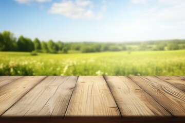  Empty wooden table with nature blurred in background, Ai Generated