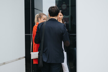 Two professional women and a man in a suit are captured entering a contemporary office premises, depicting a business environment. - Powered by Adobe