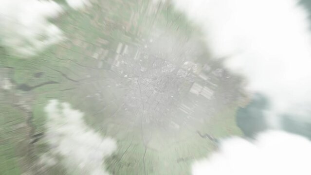 Earth zoom in from space to Purmerend, Netherlands. Followed by zoom out through clouds and atmosphere into space. Satellite view. Travel intro. Images from NASA
