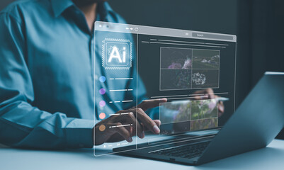 AI image creation technology. Man use AI software on a laptop to generate images, showcasing a...