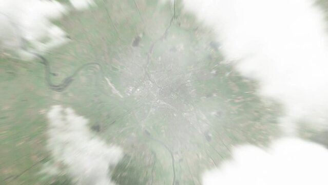 Earth zoom in from space to Zwolle, Netherlands. Followed by zoom out through clouds and atmosphere into space. Satellite view. Travel intro. Images from NASA