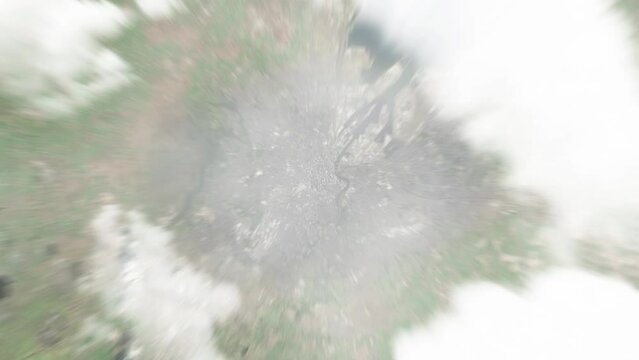 Earth zoom in from space to Belfast, United Kingdom. Followed by zoom out through clouds and atmosphere into space. Satellite view. Travel intro. Images from NASA