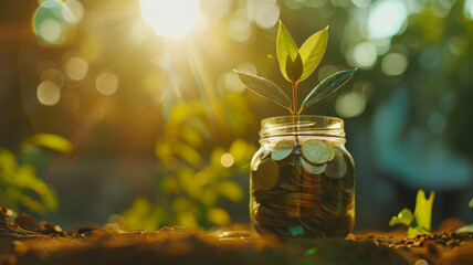Growth Fortune, A Coin-Filled Jar Sprouting Life - obrazy, fototapety, plakaty