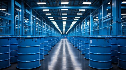 Fototapeta premium A warehouse filled with a long row of blue barrels on pallets containing liquid chemical. Rows of blue industrial drums stored in a warehouse, symbolizing mass storage and logistics. Generative AI