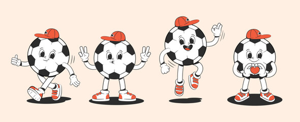 Cartoon groovy soccer ball character in groovy style in different poses. Characters from the 30s. Funny colorful illustration in hippie style.