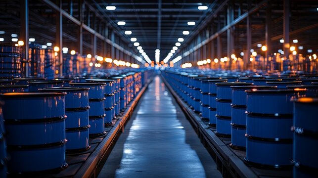 A warehouse filled with a long row of blue barrels on pallets containing liquid chemical. Rows of blue industrial drums stored in a warehouse, symbolizing mass storage and logistics. Generative AI