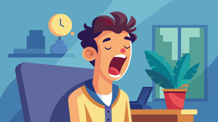 Tired Man Yawning at Desk in Office Setting - obrazy, fototapety, plakaty