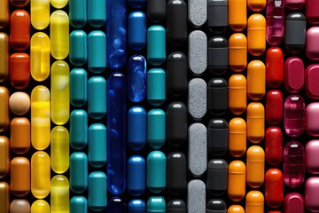 Multicolored tablets and capsules background for medical prescription illustration - obrazy, fototapety, plakaty