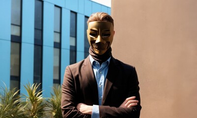 An anonymous figure dons a golden mask against a corporate backdrop, a metaphor for the unseen strategists shaping the business world. The image evokes mystery and influence in corporate dealings.