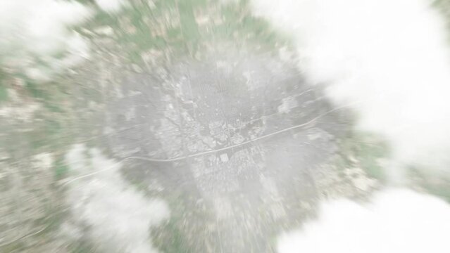 Earth zoom in from space to Markham, Canada. Followed by zoom out through clouds and atmosphere into space. Satellite view. Travel intro. Images from NASA