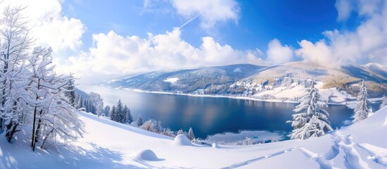 snow covered mountain lake - obrazy, fototapety, plakaty