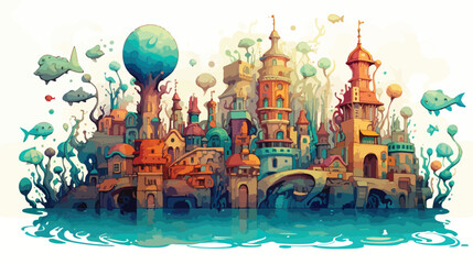 A bustling underwater city inhabited by colorful se