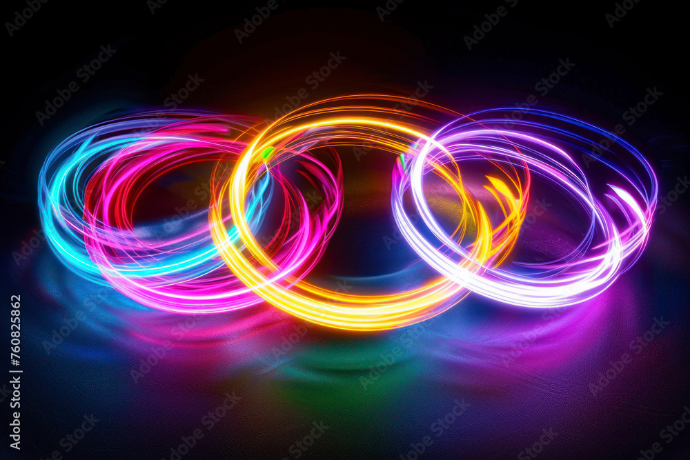 Poster set of glowing neon color circles round curve shape with wavy dynamic lines isolated on black backgr
