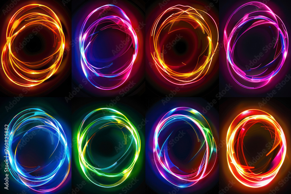 Poster set of glowing neon color circles round curve shape with wavy dynamic lines isolated on black backgr