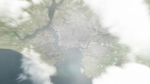 Earth zoom in from space to Plymouth, United Kingdom. Followed by zoom out through clouds and atmosphere into space. Satellite view. Travel intro. Images from NASA