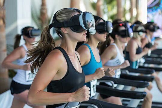 Fitness enthusiasts participating in a virtual reality (vr) marathon Running on treadmills with vr headsets Immersed in a digitally created landscape.